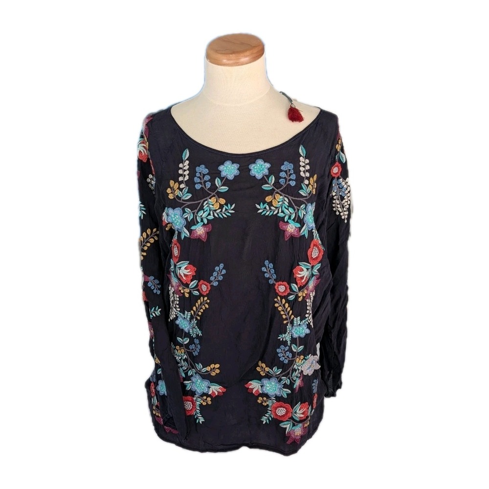 Johnny Was Kikimu Embroidered‎ Floral Rayon Boho Blouse Black NWT Women's XL